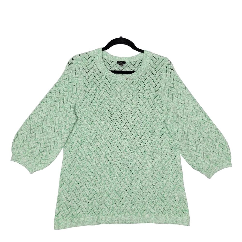NWT TALBOTS PLUS Green Herringbone Open Knit Linen 3/4 Sleeve Sweater SIZE X